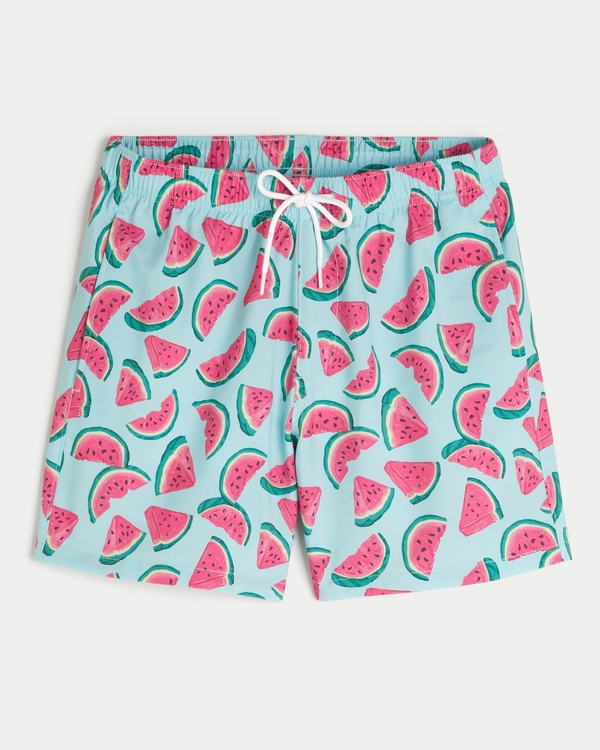 Mid-Thigh Swim Trunks, Turquoise Print view 1