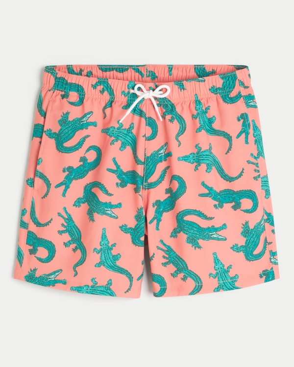 Mid-Thigh Volley Swim Trunks, Coral Print view 1