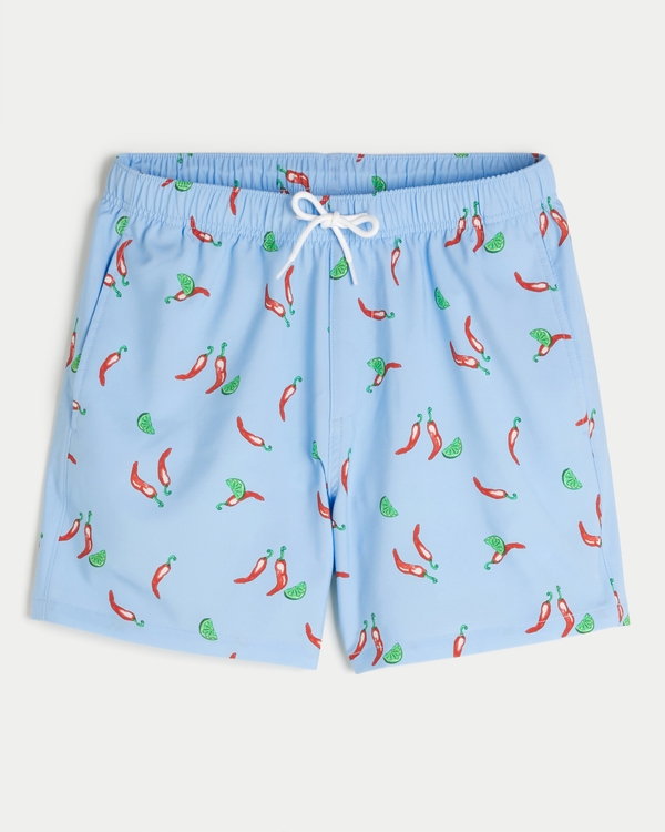 Mid-Thigh Volley Swim Trunks, Light Blue Print view 1