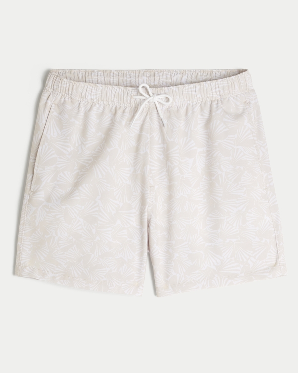 Mid-Thigh Swim Trunks, Light Tan Print view 1