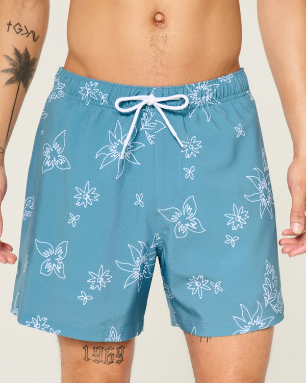 Mid-Thigh Volley Swim Trunks, Gray Blue Floral view 1