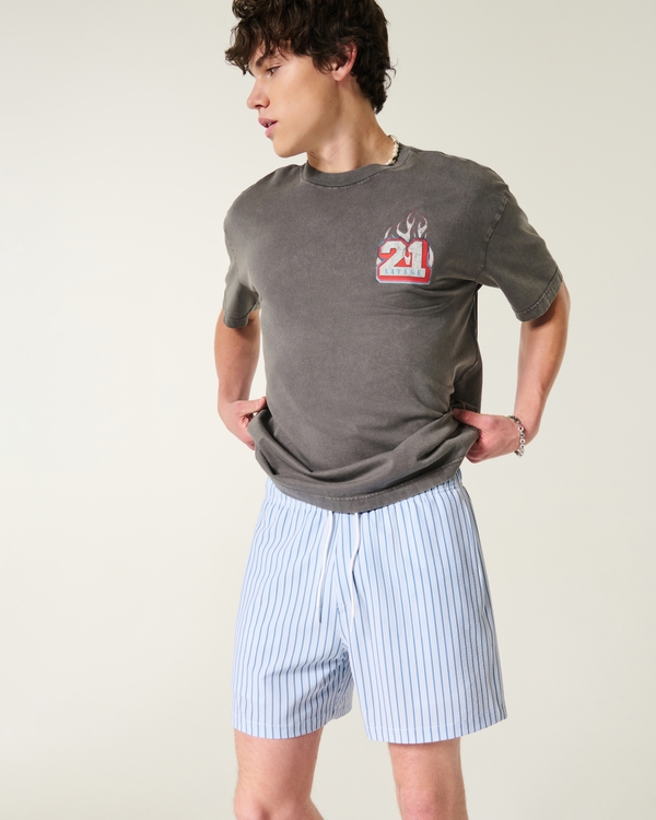 Mid-Thigh Seersucker Swim Trunks, Light Blue Stripe view 1