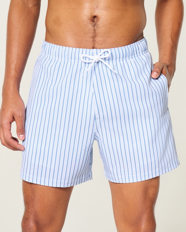 Mid-Thigh Seersucker Volley Swim Trunks, Light Blue Stripe view 1