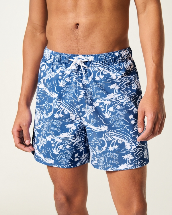 Mid-Thigh Volley Swim Trunks, Blue Print view 1