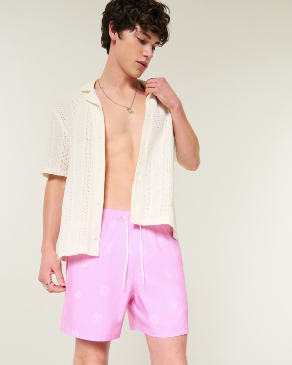 Mid-Thigh Swim Trunks, Pink Print view 1