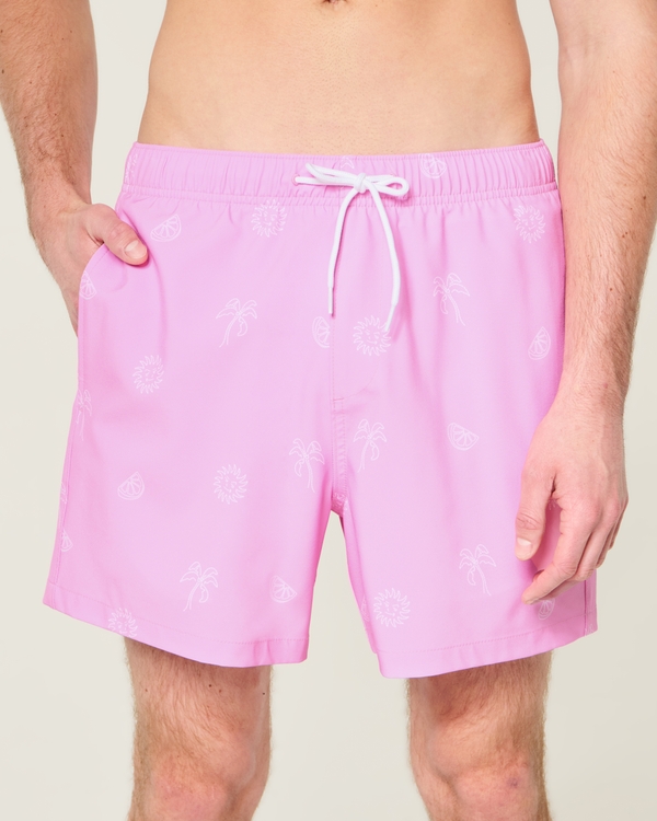 Mid-Thigh Swim Trunks, Pink Print view 1