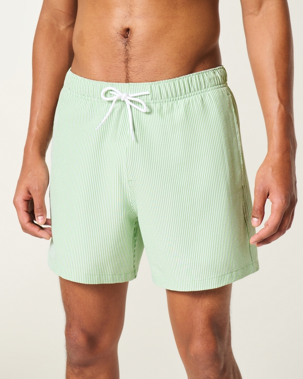 Mid-Thigh Seersucker Volley Swim Trunks, Green Stripe view 1