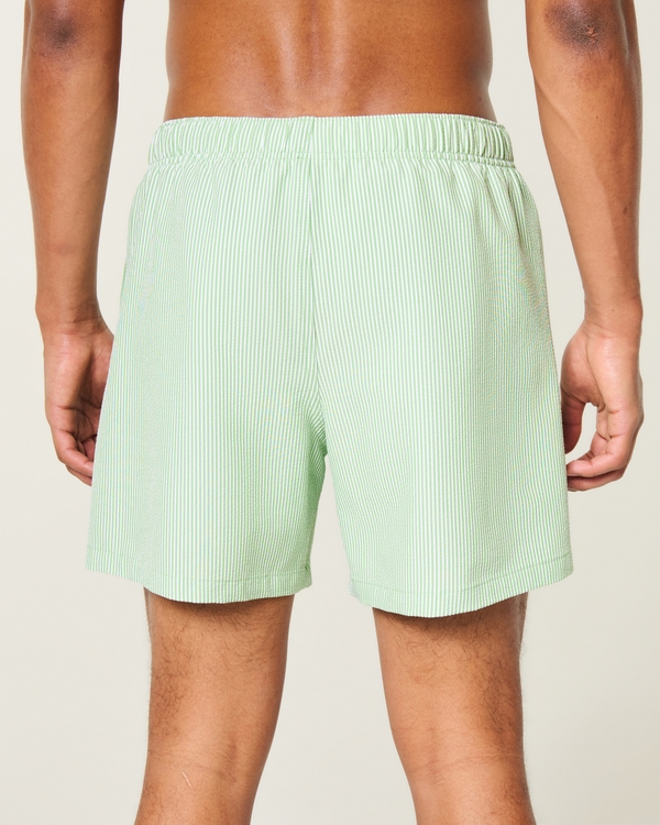 Mid-Thigh Seersucker Volley Swim Trunks, Green Stripe view 2