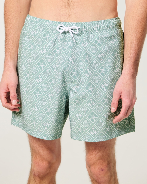 Mid-Thigh Swim Trunks, Faded Green Pattern view 1