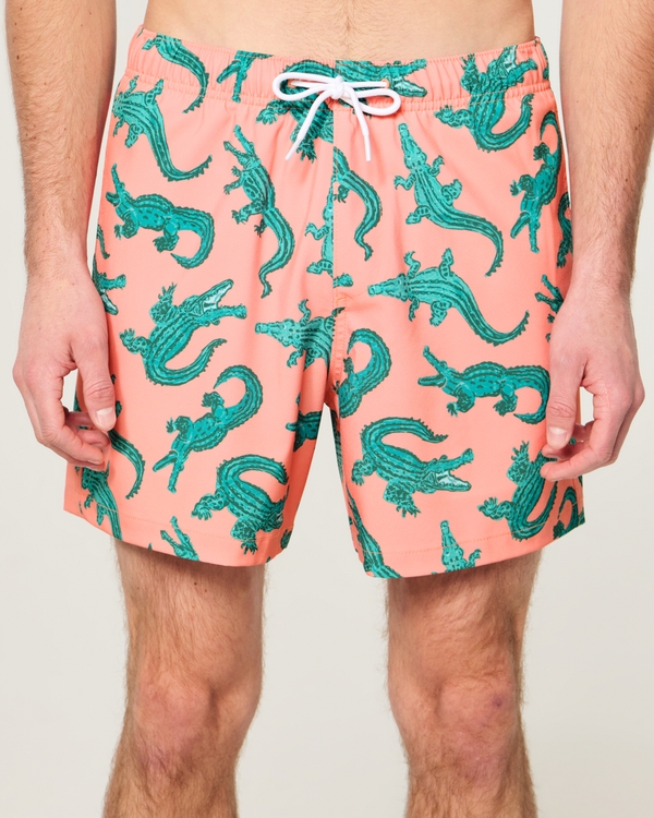 Mid-Thigh Swim Trunks, Orange Print view 1