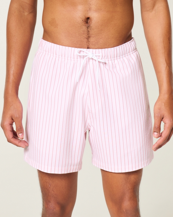 Mid-Thigh Seersucker Volley Swim Trunks, Pink Stripe view 1