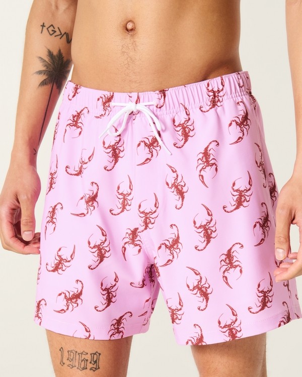 Mid-Thigh Swim Trunks, Pink Print view 1