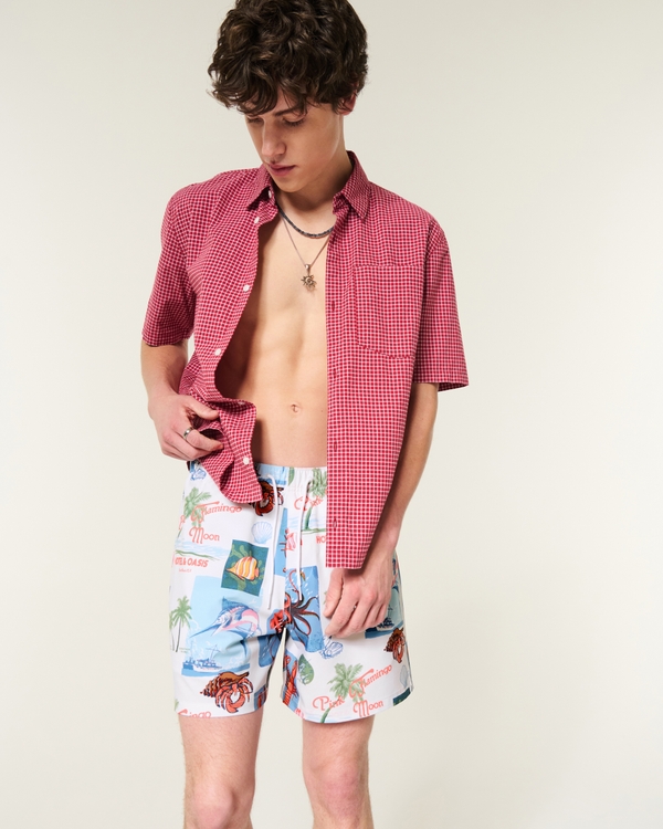 Mid-Thigh Swim Trunks, White Print view 1