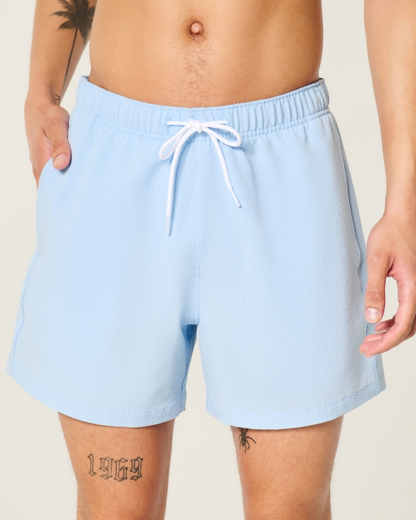 Mid-Thigh Seersucker Volley Swim Trunks, Light Blue Stripe view 1