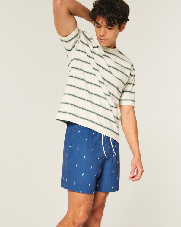 Mid-Thigh Seersucker Swim Trunks, Navy Pattern view 1