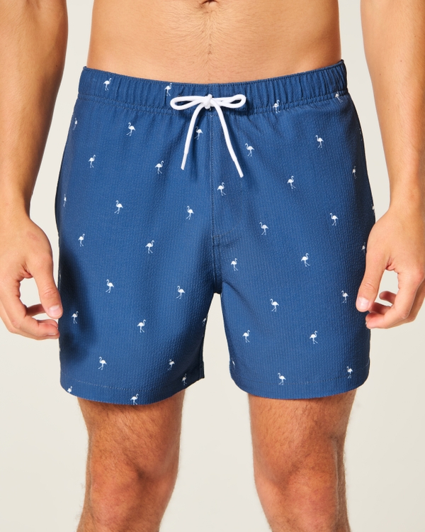 Mid-Thigh Seersucker Swim Trunks, Navy Pattern view 1