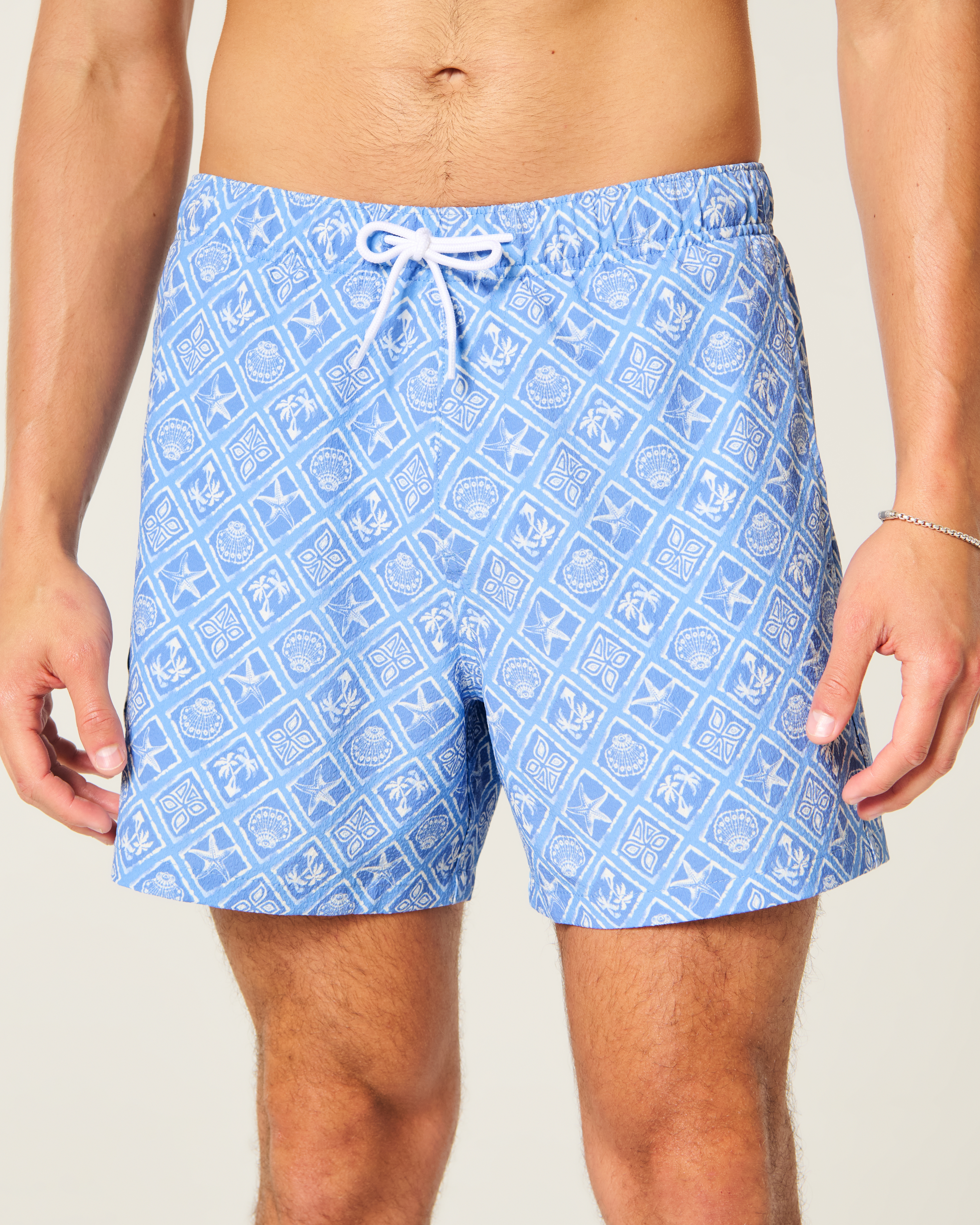 Mid-Thigh Seersucker Swim Trunks