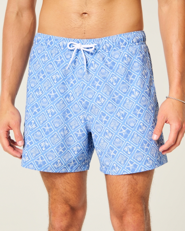 Mid-Thigh Seersucker Swim Trunks, Blue Pattern view 1