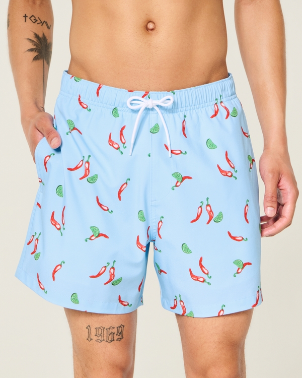 Mid-Thigh Swim Trunks, Light Blue Print view 1