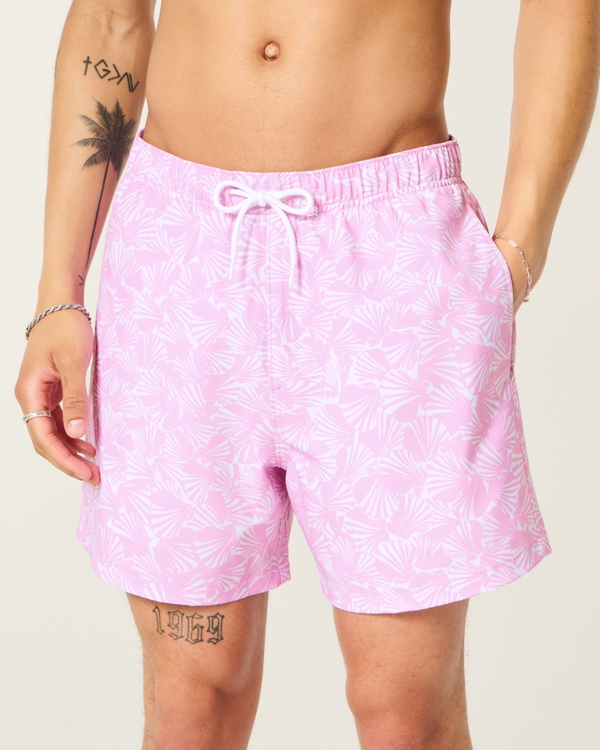 Mid-Thigh Swim Trunks, Pink Print view 1
