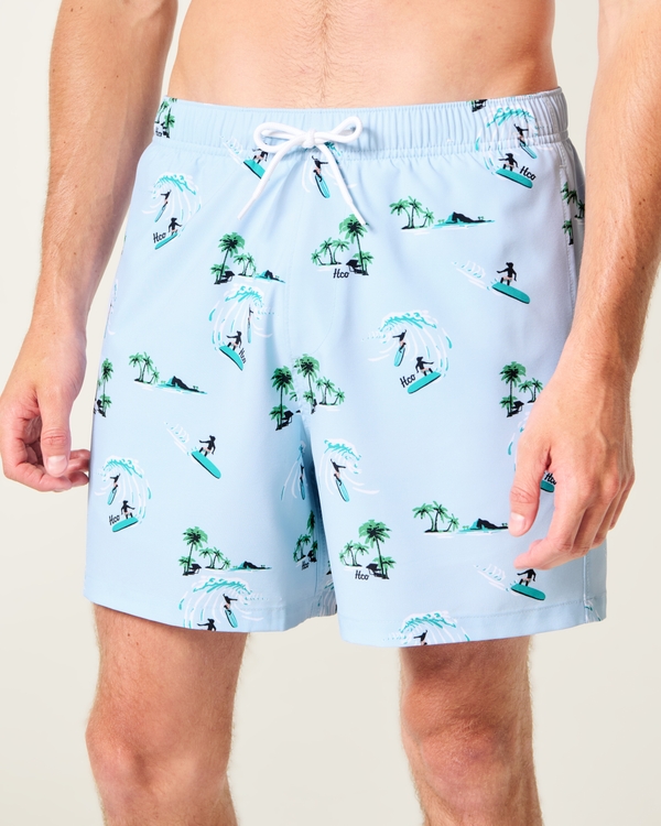 Mid-Thigh Swim Trunks, Light Blue Pattern view 1
