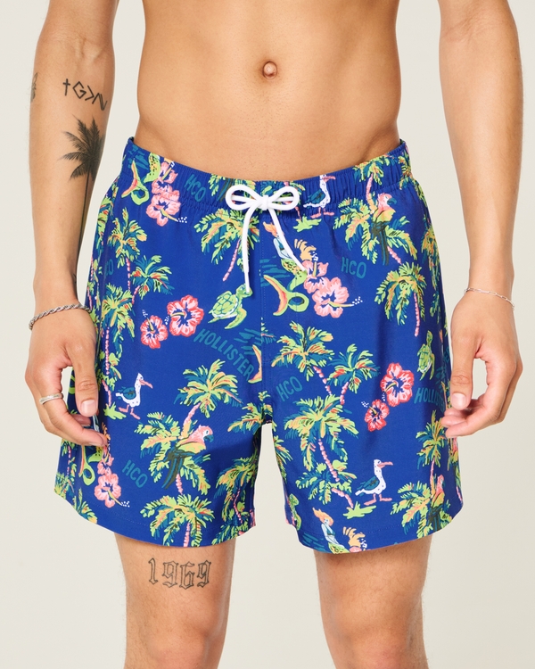 Mid-Thigh Swim Trunks, Blue Print view 1