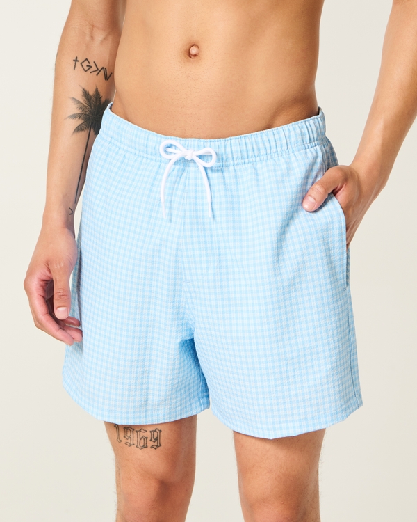 Mid-Thigh Swim Trunks, Light Blue Plaid view 1