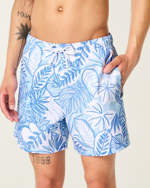 Mid-Thigh Swim Trunks, Blue Print view 1