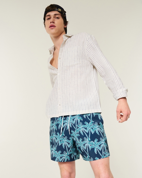 Mid-Thigh Swim Trunks, Faded Navy Print view 1