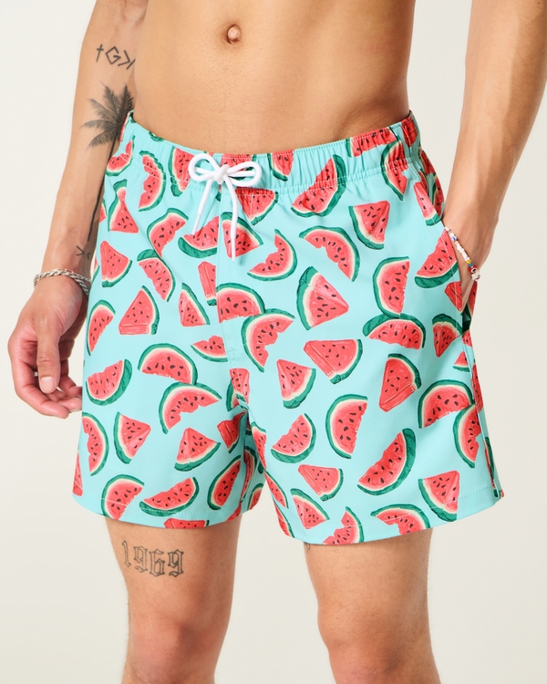 Mid-Thigh Swim Trunks, Turquoise Print view 1