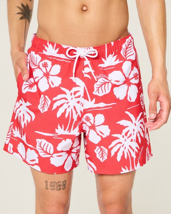 Mid-Thigh Swim Trunks, Red Print view 1