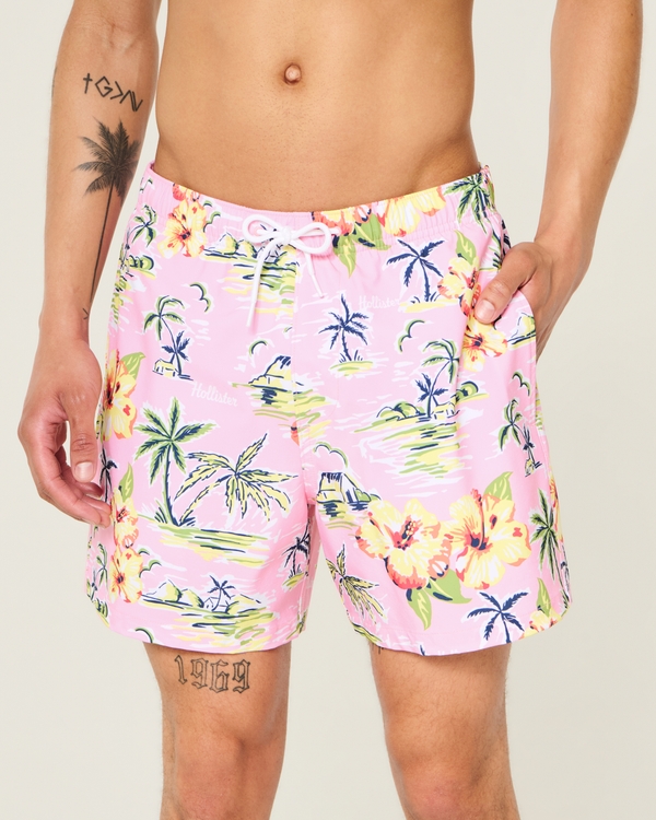 Mid-Thigh Swim Trunks, Pink Print view 1