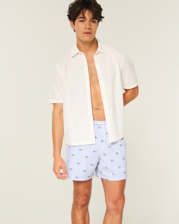 Mid-Thigh Seersucker Swim Trunks, Light Blue Stripe view 1