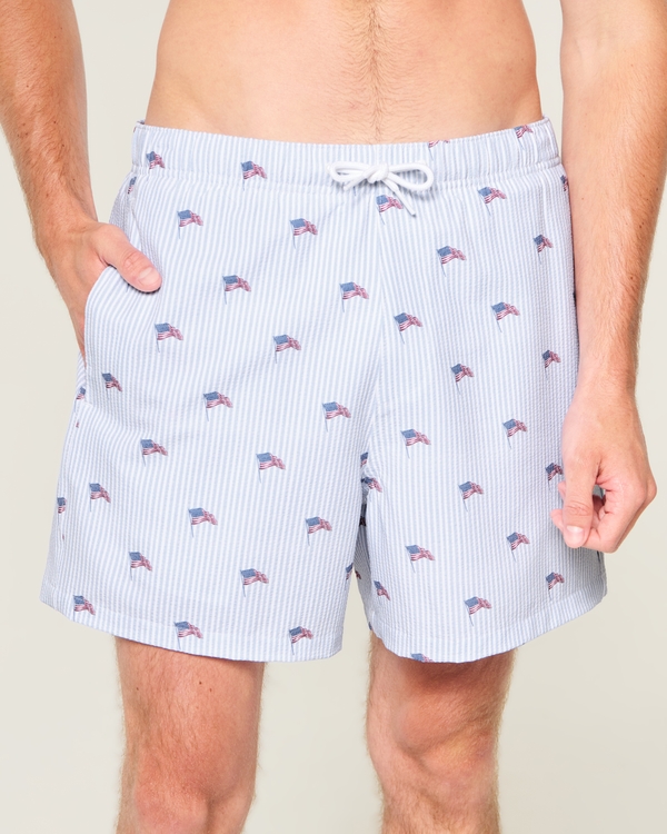 Mid-Thigh Seersucker Swim Trunks, Light Blue Stripe view 1
