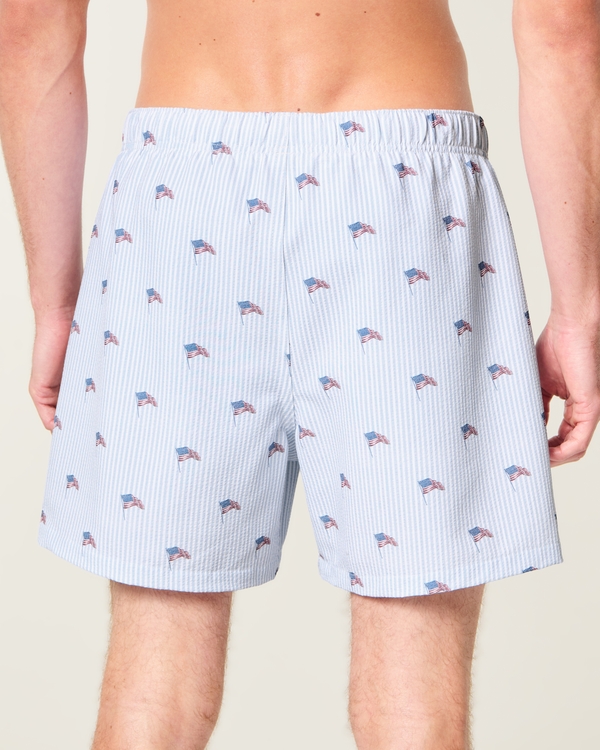 Mid-Thigh Seersucker Swim Trunks, Light Blue Stripe view 2