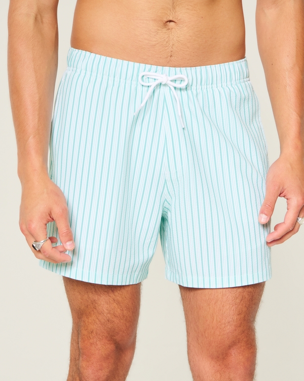 Mid-Thigh Seersucker Swim Trunks, Turquoise Stripe view 1