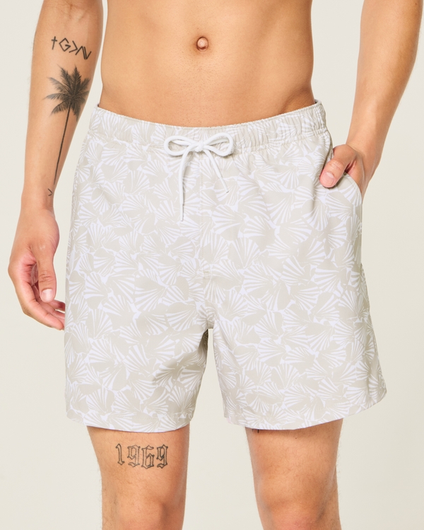 Mid-Thigh Swim Trunks, Tan Print view 1