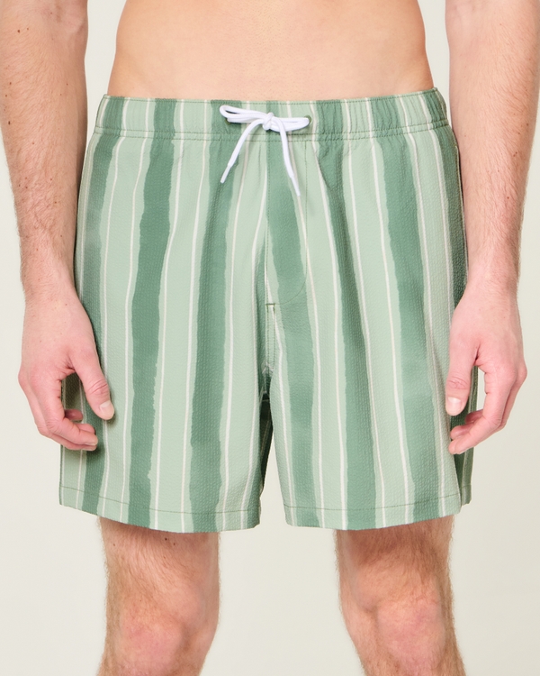 Mid-Thigh Seersucker Swim Trunks, Green Tie-dye Stripe view 1