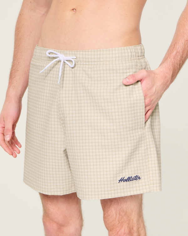 Mid-Thigh Seersucker Swim Trunks, Tan Plaid view 1