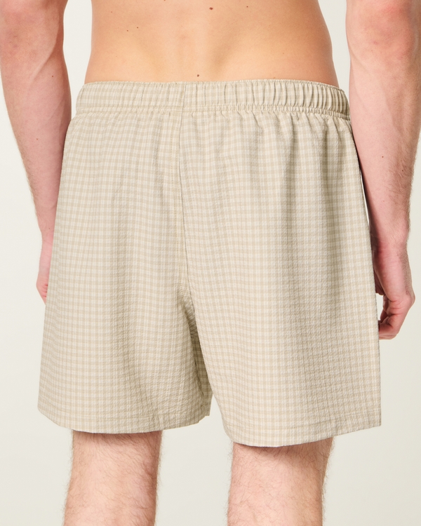 Mid-Thigh Seersucker Swim Trunks, Tan Plaid view 2