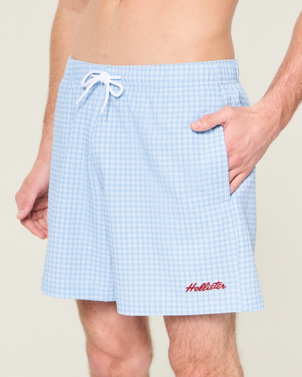 Mid-Thigh Seersucker Swim Trunks, Light Blue Plaid view 1