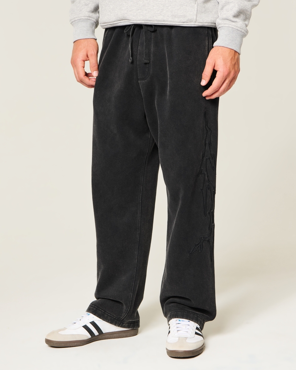 Washed Embroidered Graphic Baggy Sweatpants, Black view 2