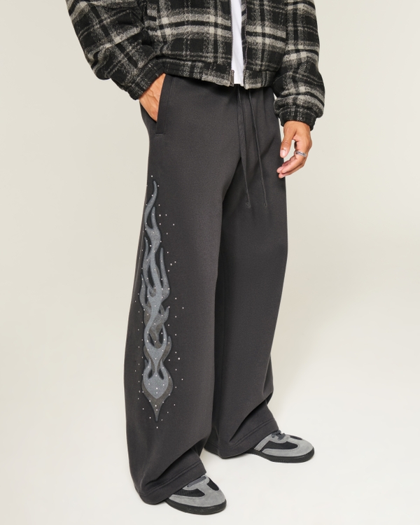 Embellished Double Leg Flame Baggy Bootcut Sweatpants, Faded Black view 2
