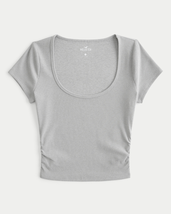 Ribbed Seamless Fabric Ruched Scoop Top, Light Grey