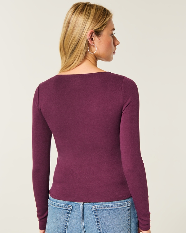 Lace Trim V-Neck Top, Burgundy view 2
