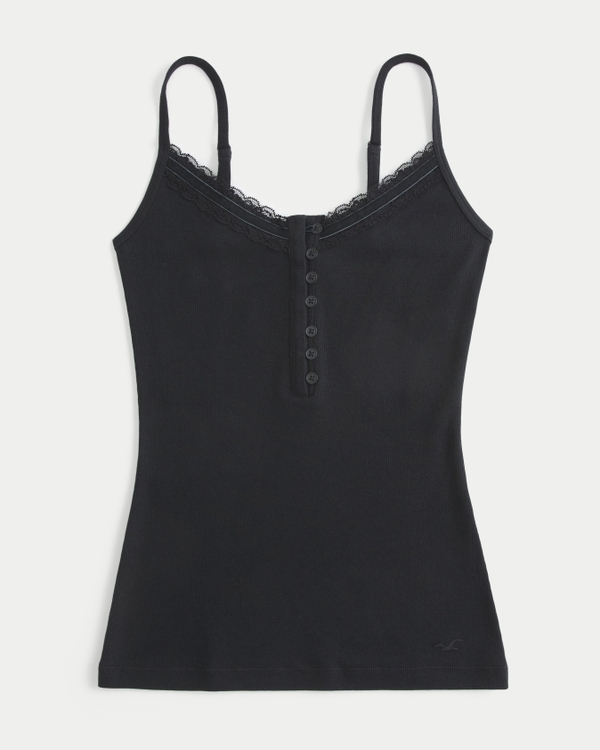 Lace Trim Henley Cami, Black view 1