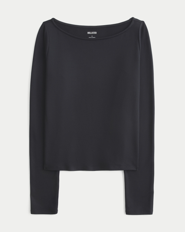 Soft Stretch Seamless Fabric Slash-Neck Top, Black view 1