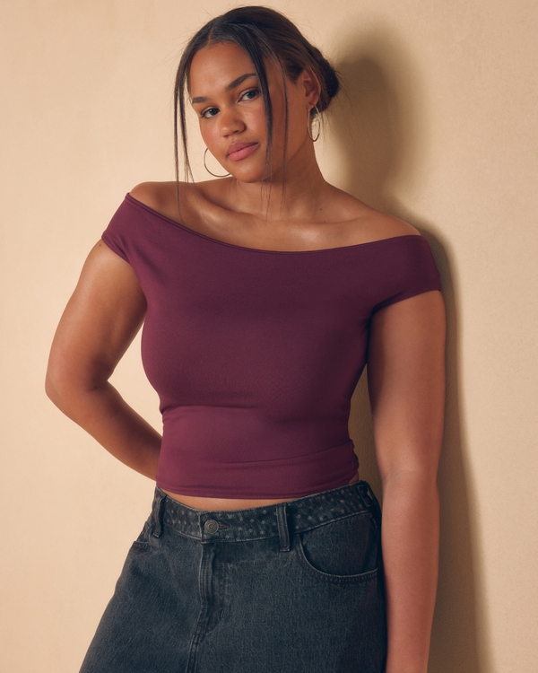 Reversible Off-the-Shoulder Seamless Fabric Top, Burgundy Dot view 1