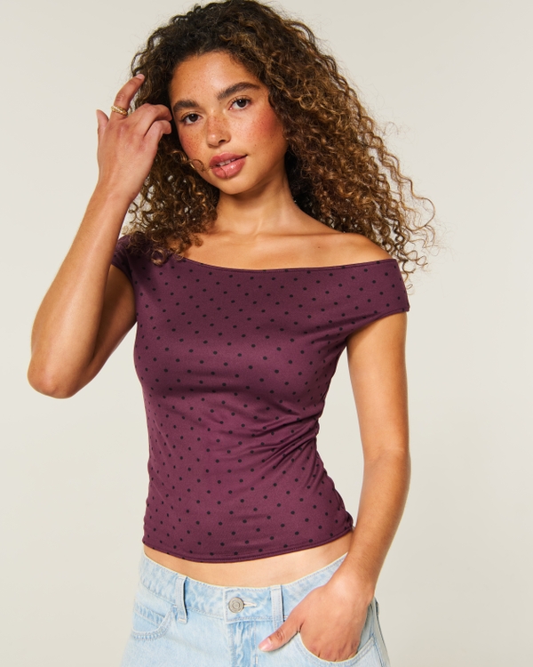 Reversible Off-the-Shoulder Seamless Fabric Top, Burgundy Dot view 2