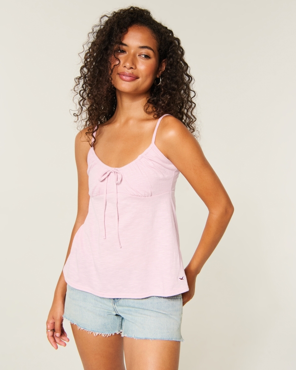 Tie Front Babydoll Tank, Light Pink view 1